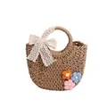 Borsa in paglia fatta a mano con fiocco di pizzo e fiori per la spiaggia estiva - Stile 1 / Cachi