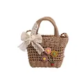 Strohhandtasche mit Spitzenschleife und Stoffblumen für Strandurlaube und Freizeit - Khaki