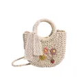 Borsa in paglia beige con margherite in tessuto e nastro di pizzo per vacanze estive - Stile 2 / Bianco Sporco