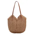 Borsa tote in paglia intrecciata marrone con motivo a V e manici lunghi in pelle - Kaki