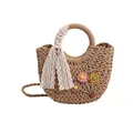 Borsa a mano in paglia a mezzaluna con fiori 3D colorati e nastro in pizzo bianco - Stile 2 / Cachi