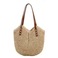 Borsa tote in paglia beige con bordo a V e manici in pelle marrone per vacanze al mare - Beige