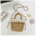 Sac seau en paille tressée à la main avec dentelle blanche et perles décoratives - Bordure Perles Élégance Kaki