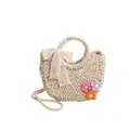 Borsa a mano in paglia intrecciata beige con fiocco di pizzo e fiori all'uncinetto estivi - Stile 1 / Bianco Sporco