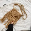 Bohemian hand-woven fringe crossbody bag in natural khaki cotton rope finish - Khaki
