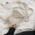 Bohemian macramé fringe crossbody bag in cream white woven cotton with diamond pattern - Off White