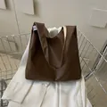 Minimalist large dark brown tote bag in soft PU leather with broad shoulder strap - Brown