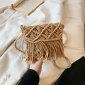 Beige macrame straw shoulder bag with bohemian tassels and woven diamond pattern - Khaki