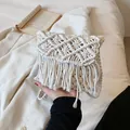 White macrame woven shoulder bag with boho fringe details for summer beach style - Off White