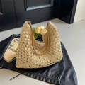 Chic cream hollow knit tote bag with brown leather handles and summer tulip decor - Cream White Solid