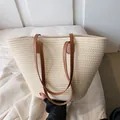 Large capacity straw woven tote bag in cream white with brown leather shoulder straps - Beige