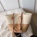 Large two-tone straw tote bag with brown leather straps for summer beach vacations - Beige And Khaki