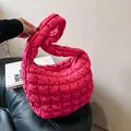 Quilted puffer hobo bag in hot pink finish with bubble texture and top handle - Rose Red