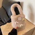 Chic beige faux shearling bucket bag with colorful bows and lace patch detail - Khaki
