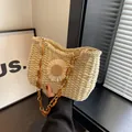 Bolso de paja beige con margarita blanca y asa de cadena acrílica ámbar - Blanco roto flor