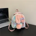 Rainbow plush rabbit backpack with long fur and pastel gradient in a mini shoulder bag - Small / Rainbow (Pink Ears)