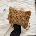 Khaki woven bohemian crossbody bag with intricate geometric patterns and tassels - Khaki