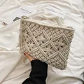 Bohemian style cream woven crossbody phone bag with hollow patterns and tassel detail - White