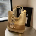 Boho-Stroh-Einkaufstasche mit Farbverlauf, Evil-Eye-Quaste und stabilen Seilgriffen - Ohne Anhänger / Beige
