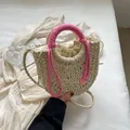 Handgemaakte halfronde strooien tas met roze geweven handvatten en kwastjes - Beige Stijl 1