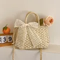 Bolso de paja tejida beige con detalle de lazo de encaje blanco y doble correa - Blanco crema con encaje