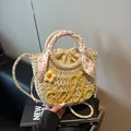 Handmade straw crossbody bag in natural beige with yellow hello text and floral scarf - Yellow