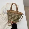 Handwoven straw bucket bag with green spiral pattern and drawstring fabric liner - Green & Khaki