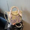 Beige straw tote bag with purple hello embroidery and floral silk scarf handle - Purple