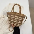 Handwoven straw tote bag in light brown and cream white stripes with top handles - White & Khaki