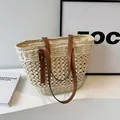 Sac cabas français en paille tressée crème avec anses en cuir marron et grand volume - Beige Sans Foulard