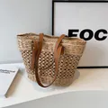 Sac cabas en paille de style français avec anses en cuir marron et grand intérieur - Kaki Sans Foulard en Soie