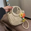Borsa in paglia crema con fiori all'uncinetto e manico rotondo per le vacanze - Fiore Giallo Arancio Bianco Sporco
