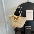 Cream woven straw tote bag with brown leather flap, pearl clasp and lace bow detail - Off White
