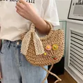 Borsa a sella in paglia fatta a mano con fiori colorati e nastro in pizzo moda - Coccinella Cachi