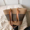 Large capacity straw tote bag with black stripes and brown leather shoulder straps - Beige Black Stripes (Style 1)