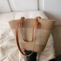 Large beige and brown striped straw tote bag with brown leather straps for beach holidays - Beige Brown Stripes (Style 3)