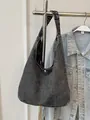 Grand sac cabas en denim gris foncé avec fermoir magnétique et style décontracté - Noir