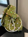 Green knit mini handbag with colorful beads and white pearl shoulder strap detail - Green