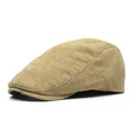 Classic light brown corduroy flat cap for men with premium textured stripe detail - M / Khaki