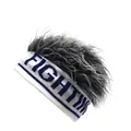 Funny knitted wig hat with blue FIGHT text and silver grey synthetic hair wig - Adjustable / Gray