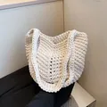 Bohemian style cream woven tote bag in large capacity handmade crochet design - White
