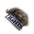 Funny white knitted headband wig with brown synthetic hair and Fighting text logo - Adjustable / Coffee