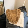 Handmade crochet woven tote bag in khaki color with bohemian beach bucket style design - Khaki