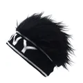Detail of NY knit beanie with black wig faux fur top and white striped elastic band - Black NY + Black