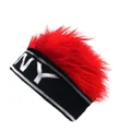 Detail of red faux fur wig cap with a black knitted NY letter headband for hip hop - Black NY + Red