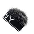 Detail showing NY logo on knitted headband with long grey curly hairpiece wig - Black NY + Gray