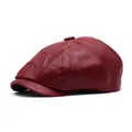 Klassische weinrote Schiebermütze aus PU-Leder mit feiner Textur für Damen und Herren - M(56-58cm) / Rot