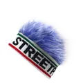 Detail of knit headband with blue synthetic hair wig and black STREET text pattern - White Base Blue Tip Wig