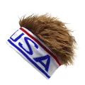 Detail of white knit USA headband with attached curly brown synthetic hair wig - Brown