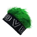 Detail of hip-hop knit beanie featuring green faux fur hair and LOVE lettering pattern - One Size / Black With Green Wig